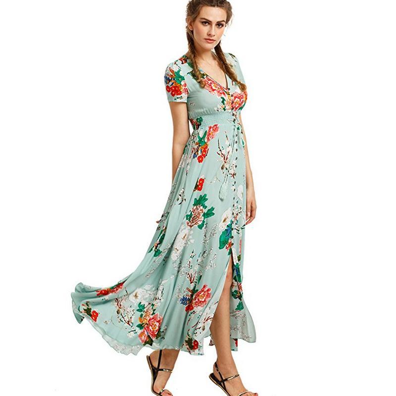 New Bohemian retro ethnischen Stil Urlaub Wind V-Ausschnitt losen langen Kleid langen Rock